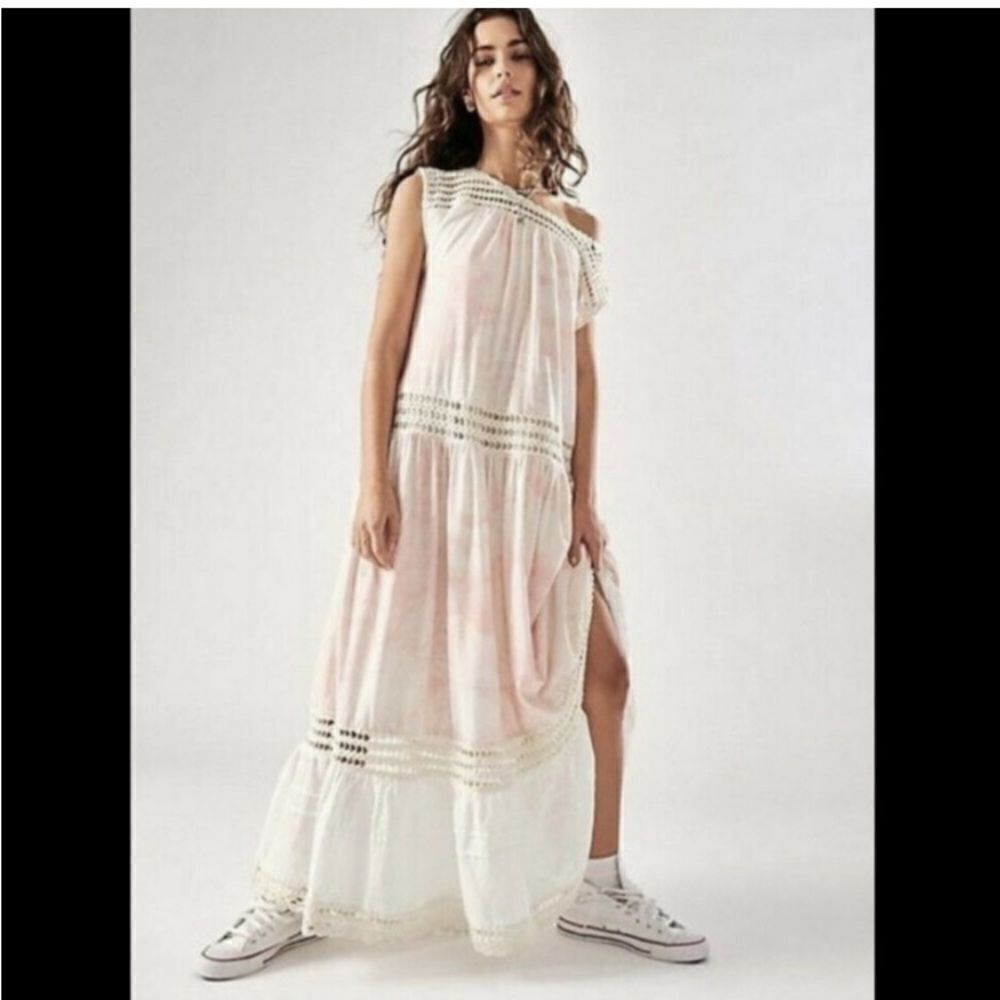 NWT Free People Day Dreaming Boho Tired Tye Dye Pink Crochet Maxi Dress Sz XS